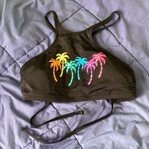 Coco rave swimsuit top black with multi-colored plam trees